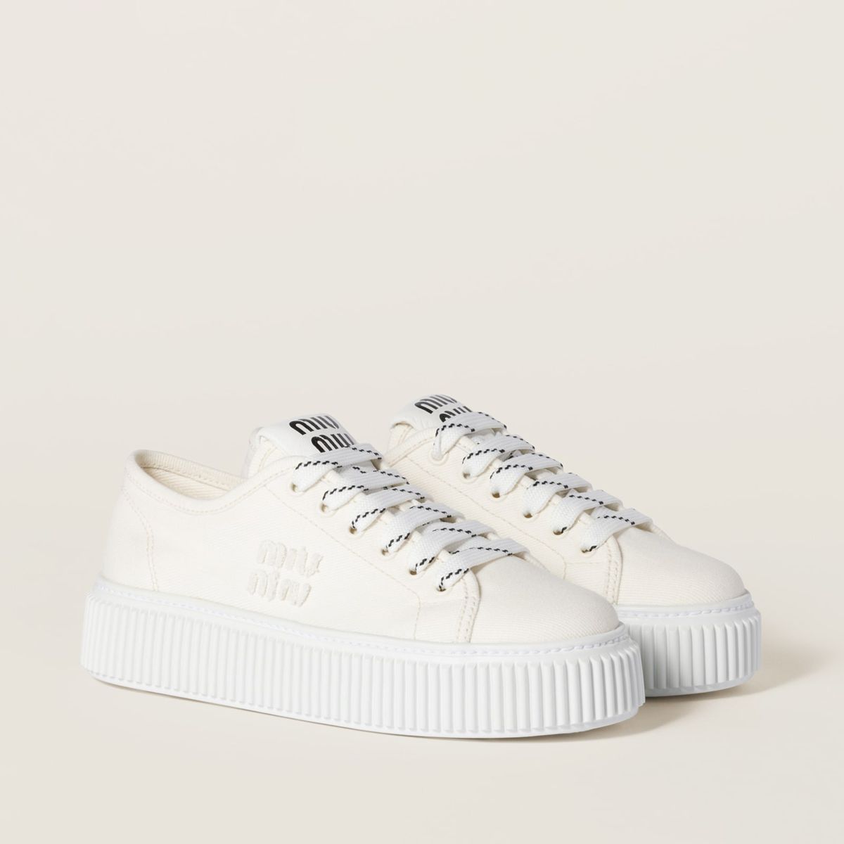 Miu Miu Denim Sneakers With Logo Ivory MM261250 Miu Miu Denim Sneakers With Logo Ivory MM261250