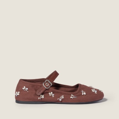Miu Miu Embroidered Drill Ballerinas Cocoa Brown MM261056 Miu Miu Embroidered Drill Ballerinas Cocoa Brown MM261056