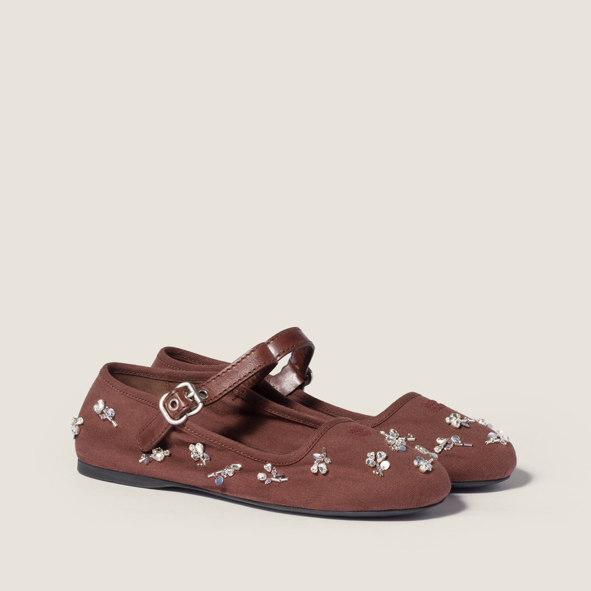 Miu Miu Embroidered Drill Ballerinas Cocoa Brown MM261056 Miu Miu Embroidered Drill Ballerinas Cocoa Brown MM261056