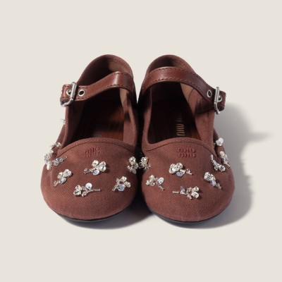 Miu Miu Embroidered Drill Ballerinas Cocoa Brown MM261056 Miu Miu Embroidered Drill Ballerinas Cocoa Brown MM261056