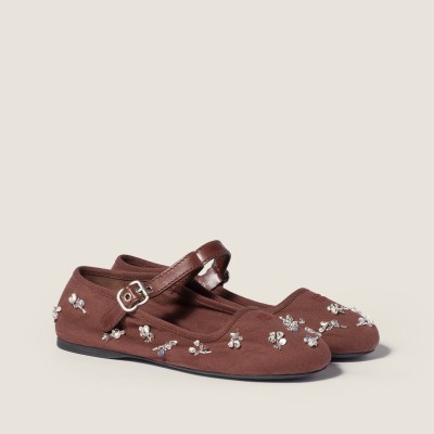 Miu Miu Embroidered Drill Ballerinas Cocoa Brown MM261056 Miu Miu Embroidered Drill Ballerinas Cocoa Brown MM261056