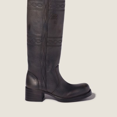 Miu Miu Embroidered Leather Boots Anthracite Gray MM261306