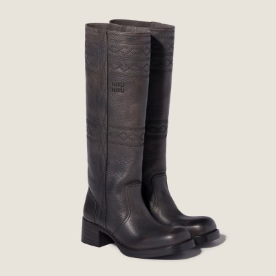 Miu Miu Embroidered Leather Boots Anthracite Gray MM261306 Miu Miu Embroidered Leather Boots Anthracite Gray MM261306