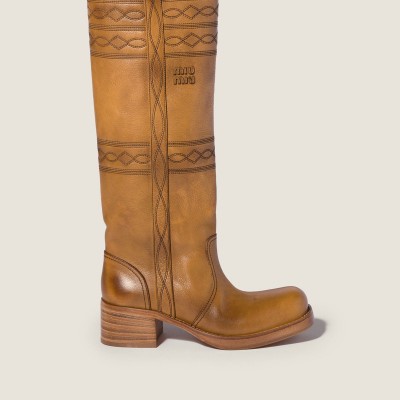 Miu Miu Embroidered Leather Boots Light Tan MM261305