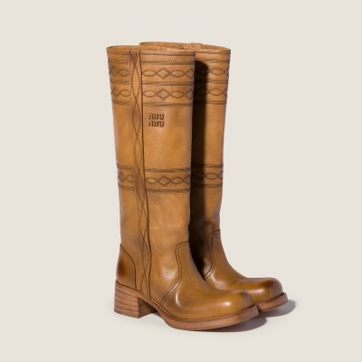Miu Miu Embroidered Leather Boots Light Tan MM261305 Miu Miu Embroidered Leather Boots Light Tan MM261305