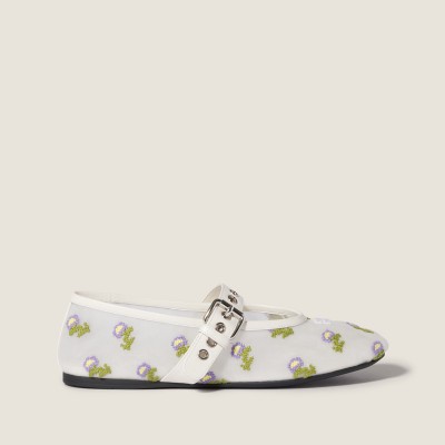 Miu Miu Embroidered Mesh Ballerinas White MM261058