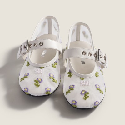 Miu Miu Embroidered Mesh Ballerinas White MM261058