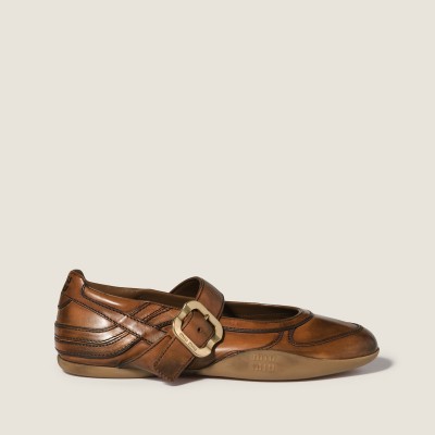 Miu Miu Gymnasium Leather Ballerinas With Strap And Buckle Cognac MM261027
