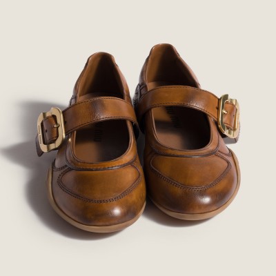 Miu Miu Gymnasium Leather Ballerinas With Strap And Buckle Cognac MM261027