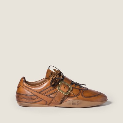 Miu Miu Gymnasium Leather Sneakers With Buckle Cognac MM261273