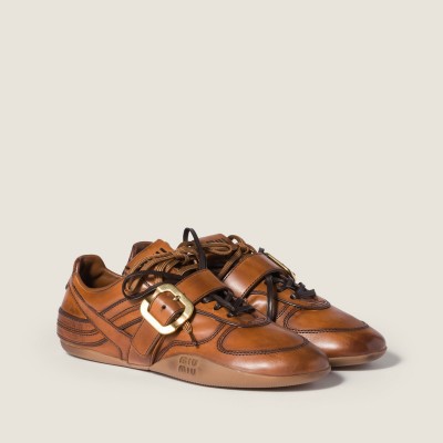 Miu Miu Gymnasium Leather Sneakers With Buckle Cognac MM261273 Miu Miu Gymnasium Leather Sneakers With Buckle Cognac MM261273