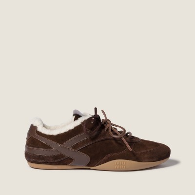Miu Miu Gymnasium Suede And Shearling Sneakers Dark Brown MM261353 Miu Miu Gymnasium Suede And Shearling Sneakers Dark Brown MM261353