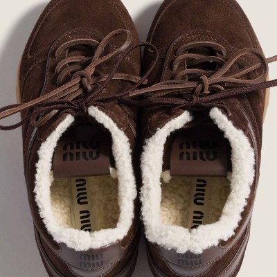 Miu Miu Gymnasium Suede And Shearling Sneakers Dark Brown MM261353 Miu Miu Gymnasium Suede And Shearling Sneakers Dark Brown MM261353