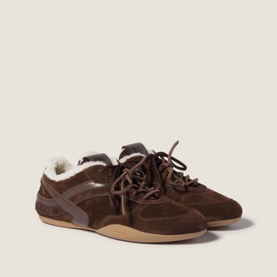 Miu Miu Gymnasium Suede And Shearling Sneakers Dark Brown MM261353 Miu Miu Gymnasium Suede And Shearling Sneakers Dark Brown MM261353