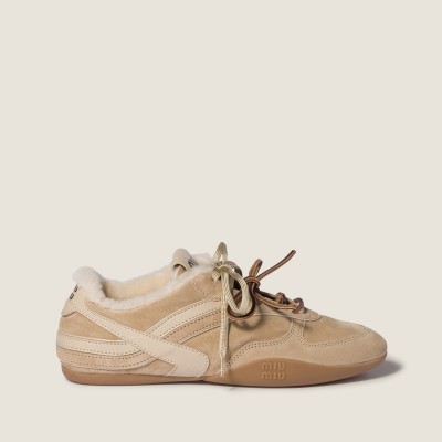 Miu Miu Gymnasium Suede And Shearling Sneakers Desert Beige MM261354 Miu Miu Gymnasium Suede And Shearling Sneakers Desert Beige MM261354