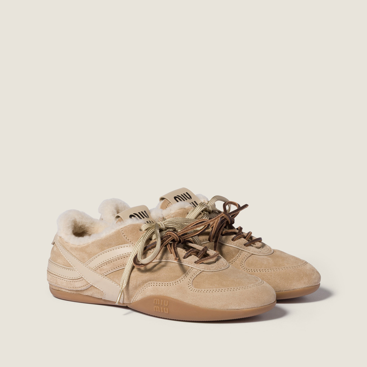 Miu Miu Gymnasium Suede And Shearling Sneakers Desert Beige MM261354 Miu Miu Gymnasium Suede And Shearling Sneakers Desert Beige MM261354
