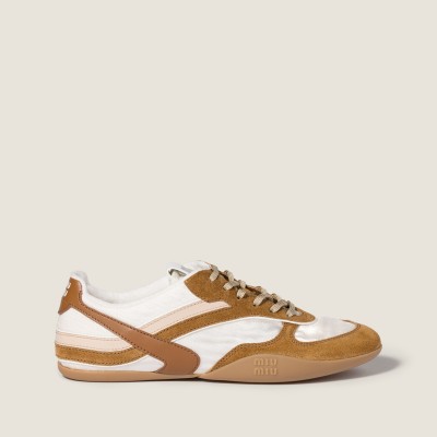 Miu Miu Gymnasium Technical Fabric And Suede Sneakers Chalk White Cinnamon MM261257 Miu Miu Gymnasium Technical Fabric And Suede Sneakers Chalk White Cinnamon MM261257