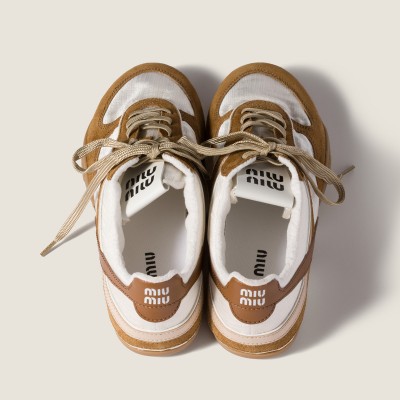 Miu Miu Gymnasium Technical Fabric And Suede Sneakers Chalk White Cinnamon MM261257 Miu Miu Gymnasium Technical Fabric And Suede Sneakers Chalk White Cinnamon MM261257