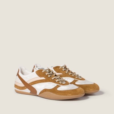 Miu Miu Gymnasium Technical Fabric And Suede Sneakers Chalk White Cinnamon MM261257 Miu Miu Gymnasium Technical Fabric And Suede Sneakers Chalk White Cinnamon MM261257