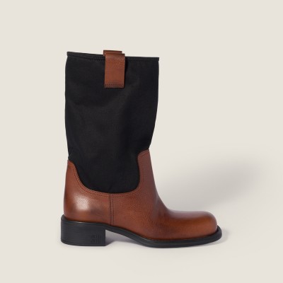 Miu Miu Leather And Drill Mid-Calf Boots Oak Brown Black MM261298 Miu Miu Leather And Drill Mid-Calf Boots Oak Brown Black MM261298