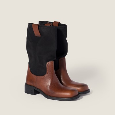 Miu Miu Leather And Drill Mid-Calf Boots Oak Brown Black MM261298 Miu Miu Leather And Drill Mid-Calf Boots Oak Brown Black MM261298