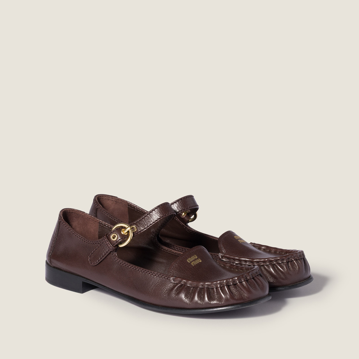 Miu Miu Leather Loafers With Strap Dark Brown MM261091 Miu Miu Leather Loafers With Strap Dark Brown MM261091