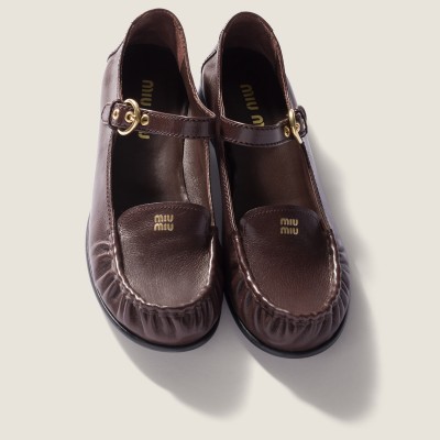 Miu Miu Leather Loafers With Strap Dark Brown MM261091 Miu Miu Leather Loafers With Strap Dark Brown MM261091