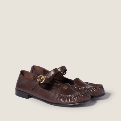 Miu Miu Leather Loafers With Strap Dark Brown MM261091
