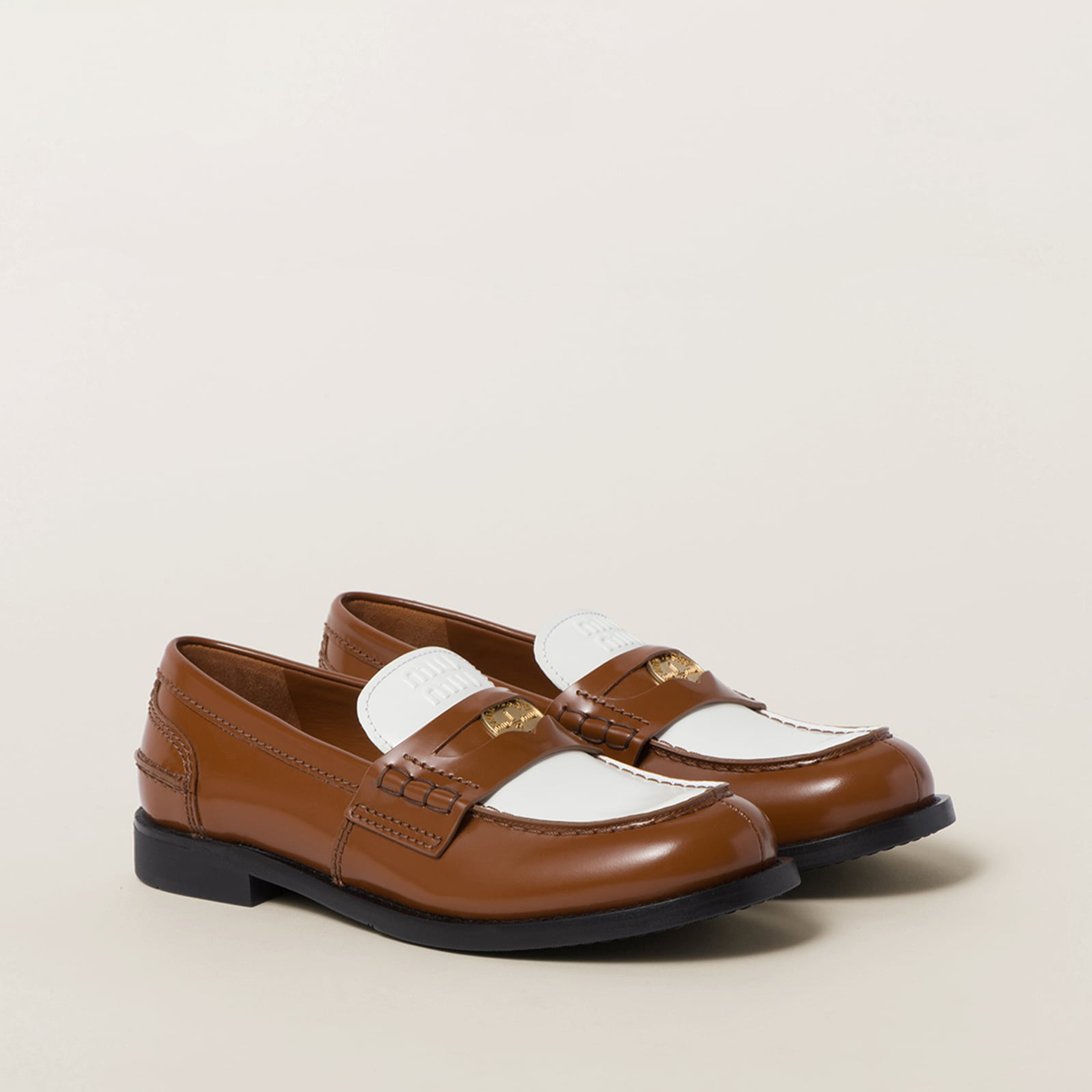 Miu Miu Leather Penny Loafers Cognac White MM261098 Miu Miu Leather Penny Loafers Cognac White MM261098