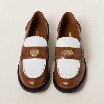 Miu Miu Leather Penny Loafers Cognac White MM261098 Miu Miu Leather Penny Loafers Cognac White MM261098
