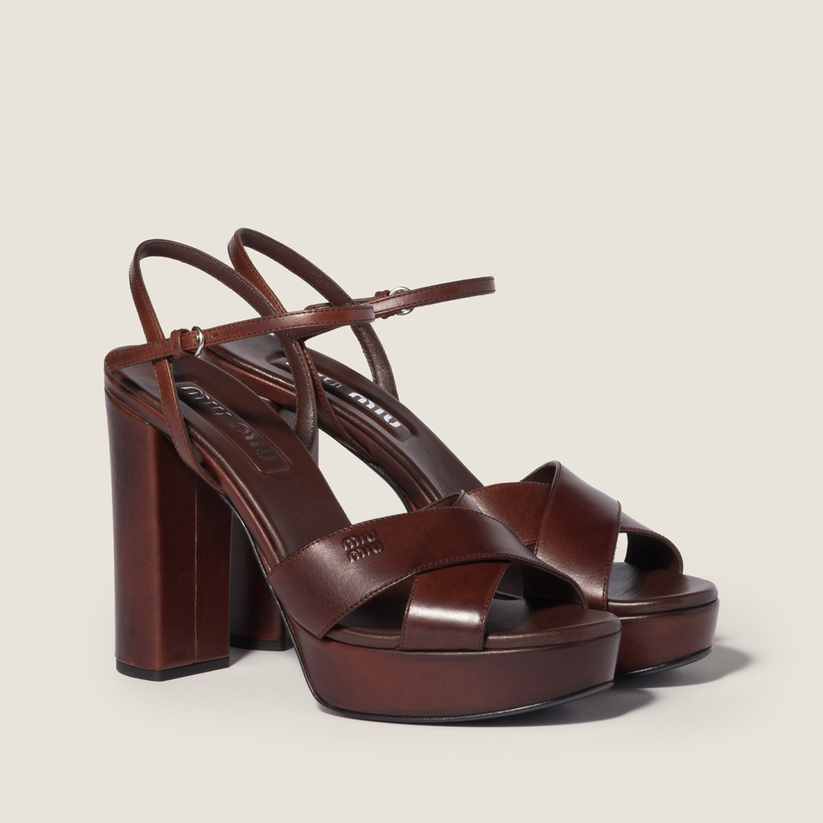 Miu Miu Leather Platform Sandals Coffee MM261194 Miu Miu Leather Platform Sandals Coffee MM261194