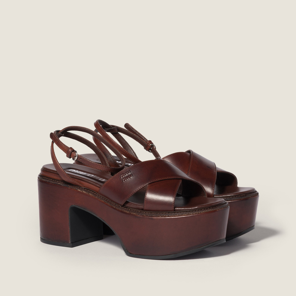 Miu Miu Leather Platform Sandals Coffee MM261195 Miu Miu Leather Platform Sandals Coffee MM261195
