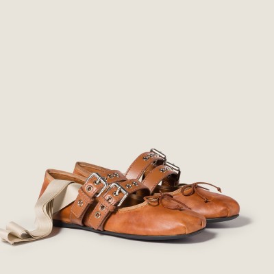 Miu Miu Nappa And Calf Leather Ballerinas Caramel MM261054 Miu Miu Nappa And Calf Leather Ballerinas Caramel MM261054