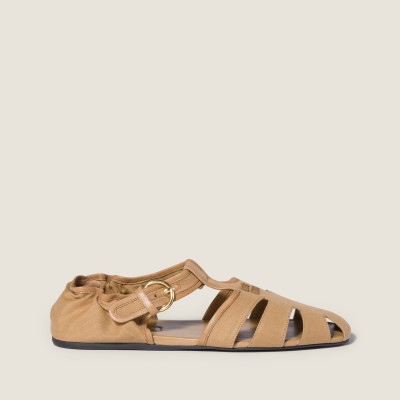 Miu Miu Ruches Cotton And Nappa Leather Fisherman Sandals Malt Beige MM261176