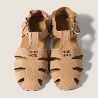 Miu Miu Ruches Cotton And Nappa Leather Fisherman Sandals Malt Beige MM261176