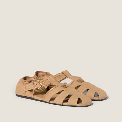 Miu Miu Ruches Cotton And Nappa Leather Fisherman Sandals Malt Beige MM261176 Miu Miu Ruches Cotton And Nappa Leather Fisherman Sandals Malt Beige MM261176