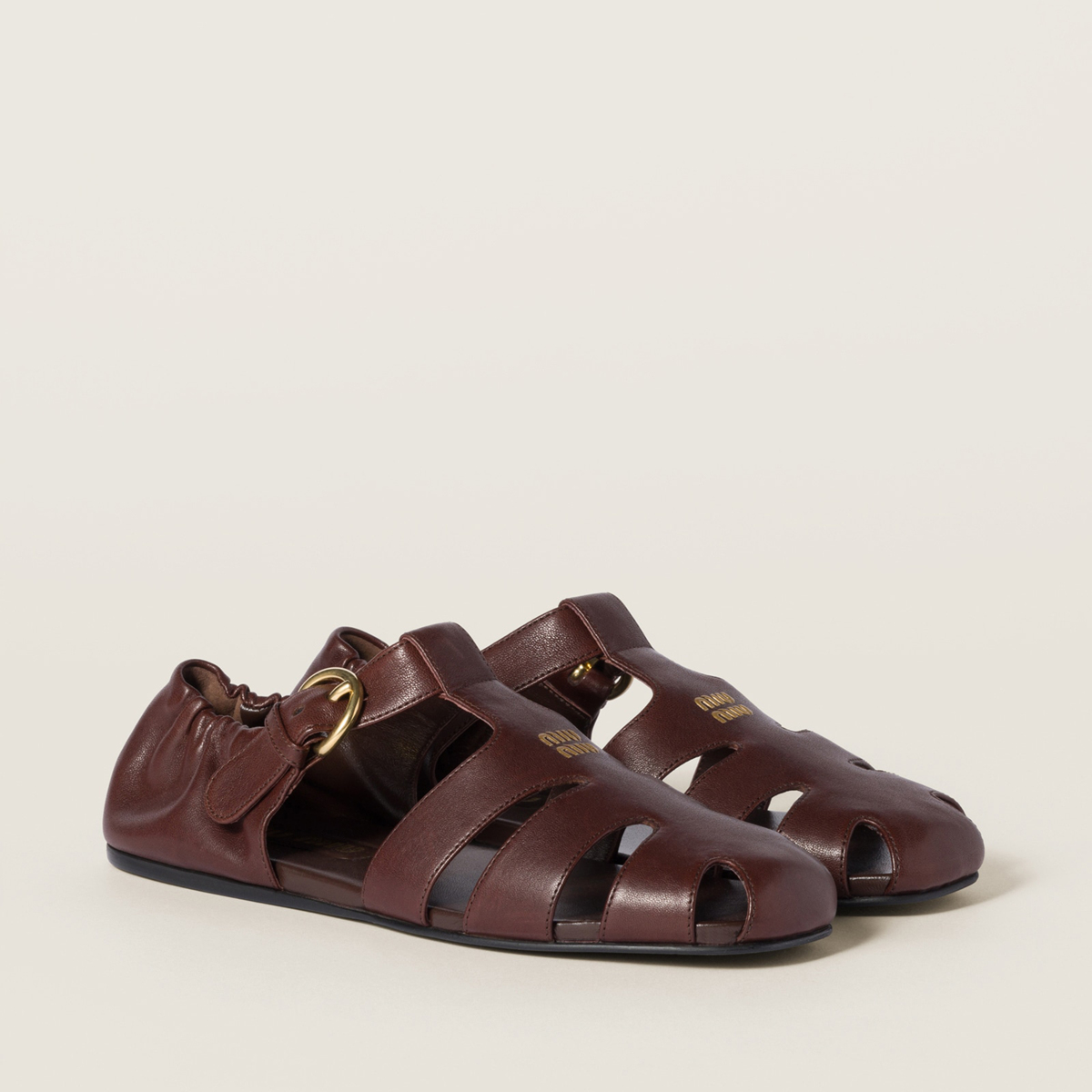Miu Miu Ruches Nappa Leather Fisherman Sandals Briarwood MM261177 Miu Miu Ruches Nappa Leather Fisherman Sandals Briarwood MM261177