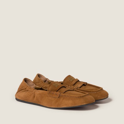 Miu Miu Ruches Suede Loafers Oak MM261088 Miu Miu Ruches Suede Loafers Oak MM261088