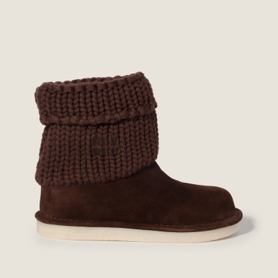 Miu Miu Suede And Knit Booties Dark Brown MM261297