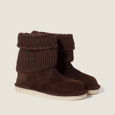 Miu Miu Suede And Knit Booties Dark Brown MM261297 Miu Miu Suede And Knit Booties Dark Brown MM261297