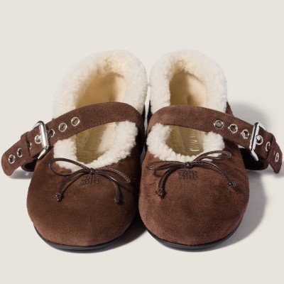 Miu Miu Suede And Shearling Ballerinas Dark Brown MM261049 Miu Miu Suede And Shearling Ballerinas Dark Brown MM261049