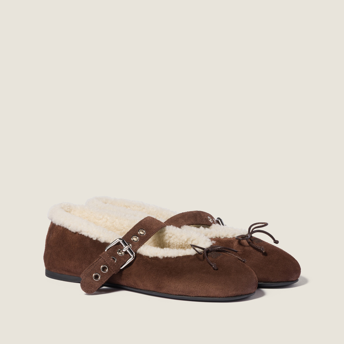 Miu Miu Suede And Shearling Ballerinas Dark Brown MM261049 Miu Miu Suede And Shearling Ballerinas Dark Brown MM261049
