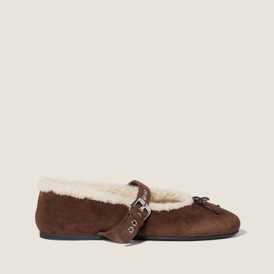 Miu Miu Suede And Shearling Ballerinas Dark Brown MM261049 Miu Miu Suede And Shearling Ballerinas Dark Brown MM261049