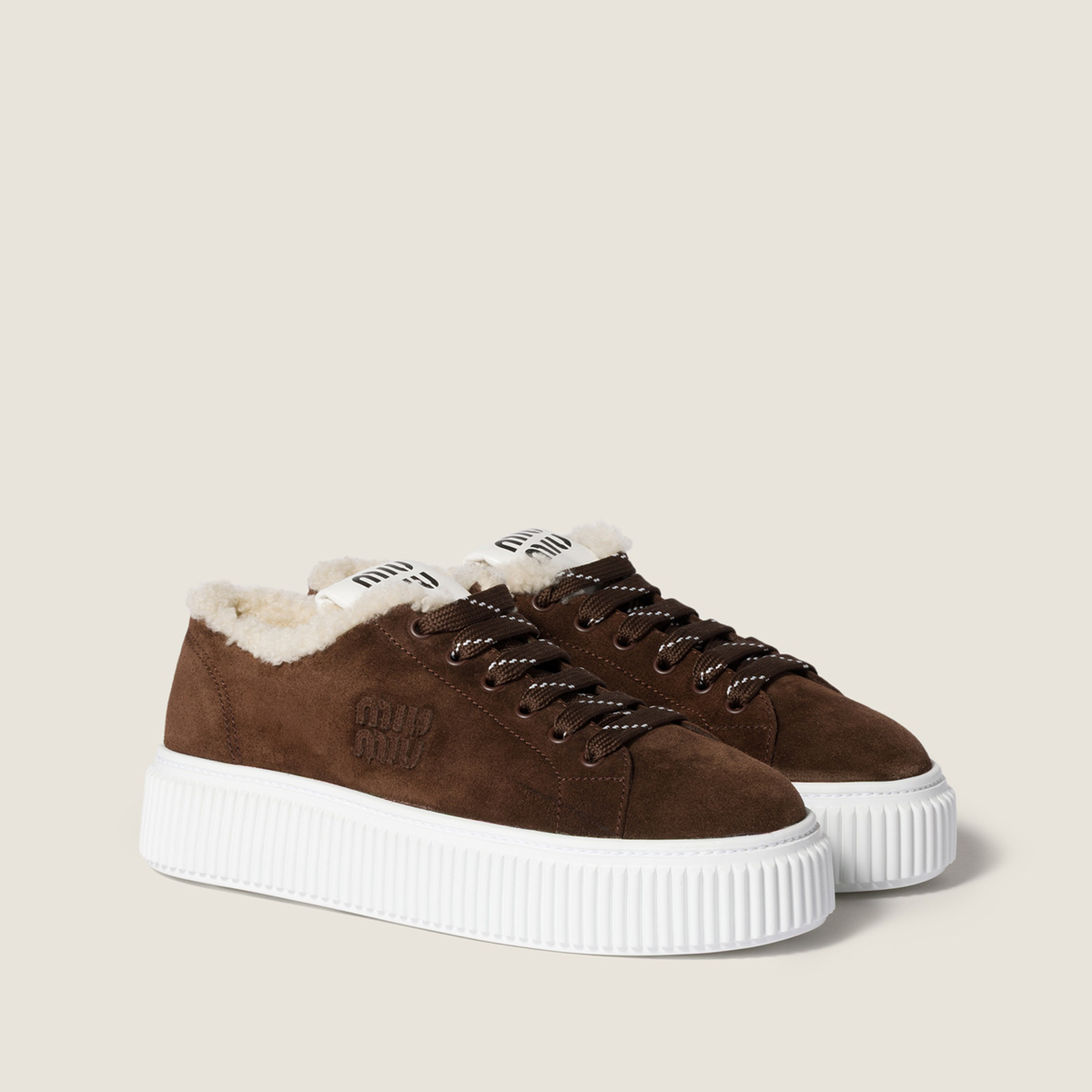 Miu Miu Suede And Shearling Sneakers Dark Brown MM261351 Miu Miu Suede And Shearling Sneakers Dark Brown MM261351