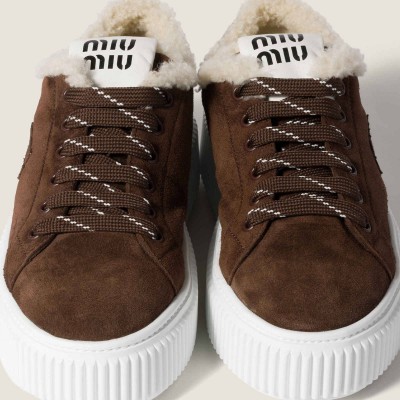 Miu Miu Suede And Shearling Sneakers Dark Brown MM261351 Miu Miu Suede And Shearling Sneakers Dark Brown MM261351