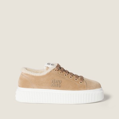 Miu Miu Suede And Shearling Sneakers Desert Beige MM261352 Miu Miu Suede And Shearling Sneakers Desert Beige MM261352