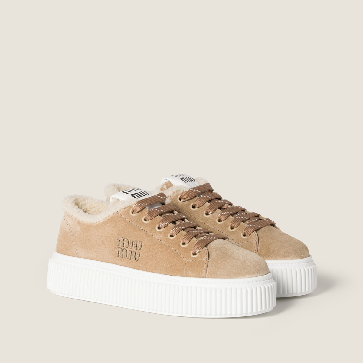 Miu Miu Suede And Shearling Sneakers Desert Beige MM261352 Miu Miu Suede And Shearling Sneakers Desert Beige MM261352