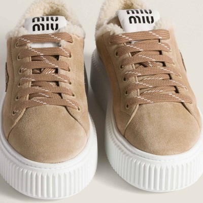Miu Miu Suede And Shearling Sneakers Desert Beige MM261352 Miu Miu Suede And Shearling Sneakers Desert Beige MM261352