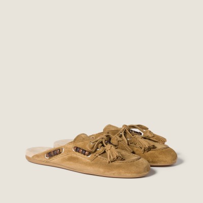 Miu Miu Suede Deck Mules Olive Green MM261116 Miu Miu Suede Deck Mules Olive Green MM261116
