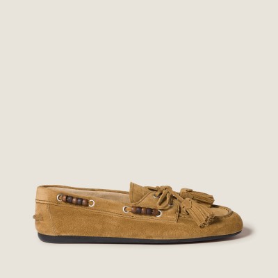 Miu Miu Suede Deck Shoes With Tassels Olive Green MM261082